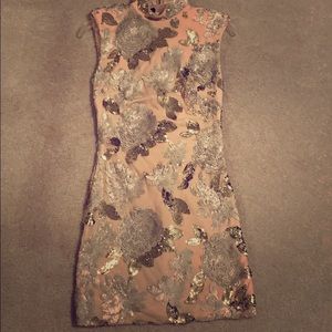 Bebe pink gold and silver sequin mini dress